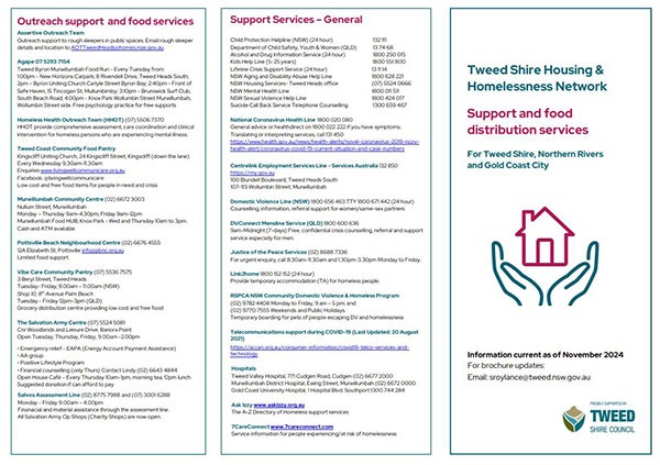 Tweed Shire Housing and Homelessness support and food distribution services brochure