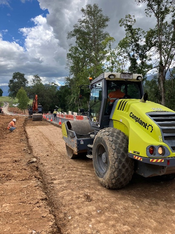 Contractor SEE Civil continues compaction works at the Tyalgum Road extreme slip site.