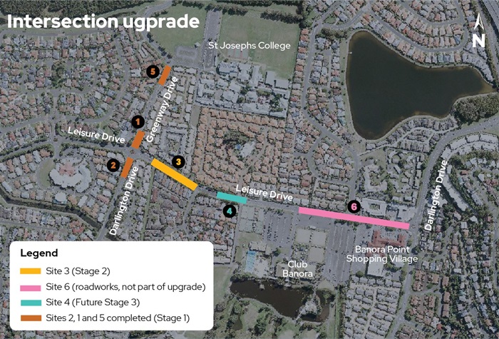 Work zones map - Leisure Drive, Darlington Drive and Greenway Drive intersection upgrade and Leisure Drive asphalt works