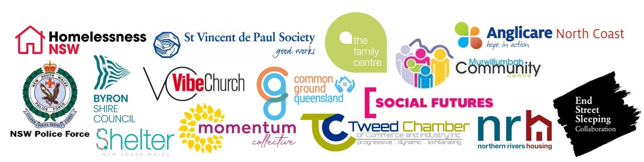 Sector support logos - Homelessness NSW, St Vincent de Paul Society, The Family Centre, Murwillumbah Community Centre, Anglicare North Coast, NSW Police Force, Byron Shire Council, Vibe Church, Common Ground Queensland, Social Futures, Shelter NSW, Momentum Collective, Tweed Chamber of Commerce and Industry Inc., Northern Rivers Housing, End Street Sleeping Collaboration
